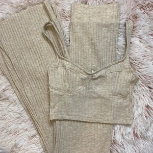 2 piece light beige ribbed pant set